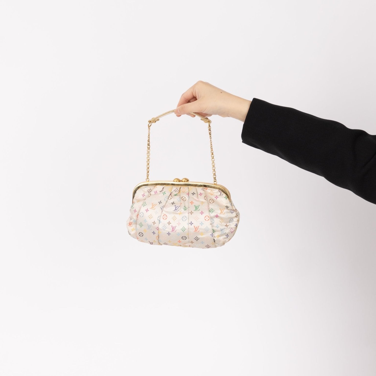 Ultra - Rare Louis Vuitton x Takashi Murakami Multicolor Monogram Satin Aumoniere Clutch on Chain - FashioNica