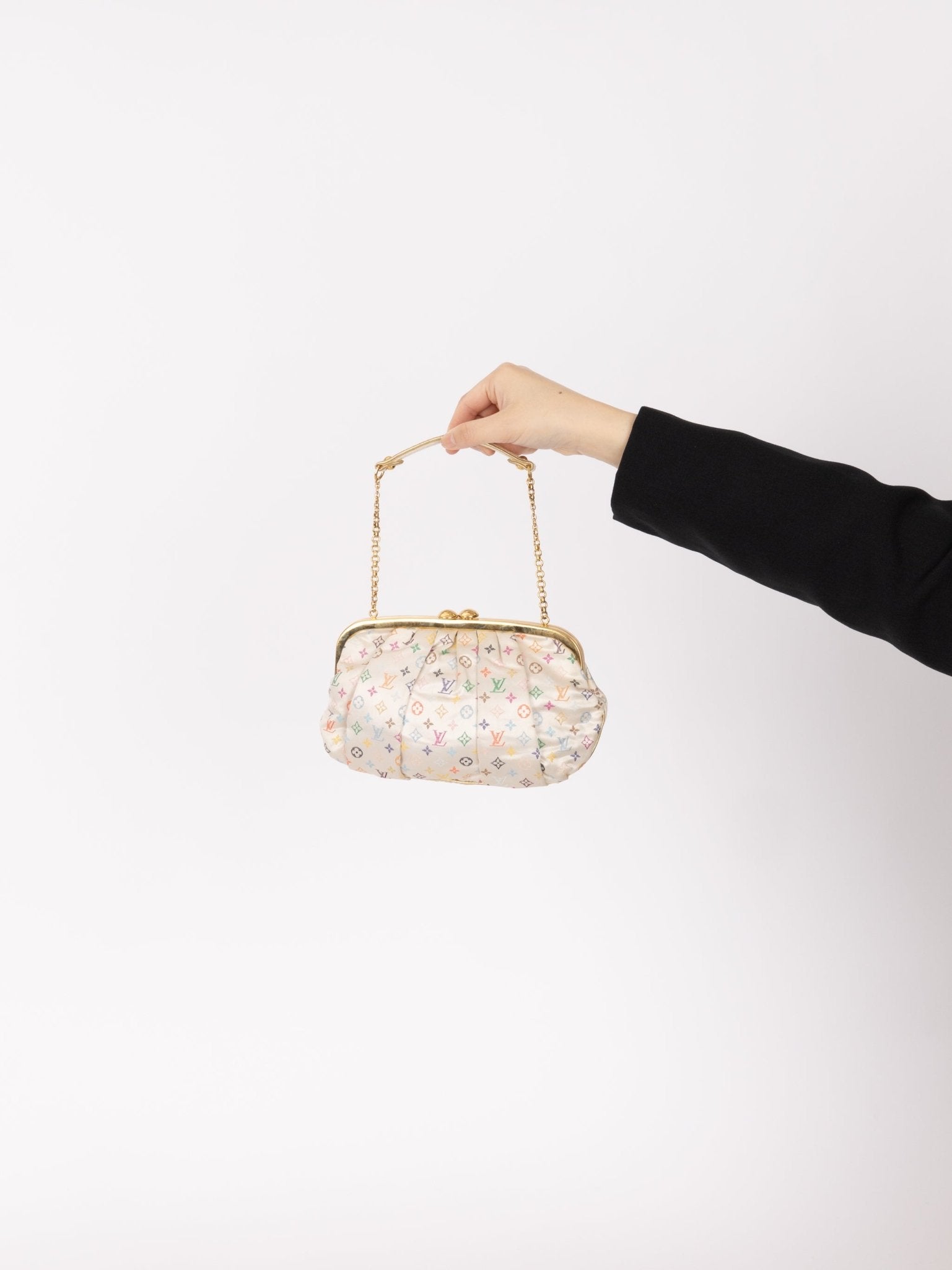 Ultra - Rare Louis Vuitton x Takashi Murakami Multicolor Monogram Satin Aumoniere Clutch on Chain - FashioNica