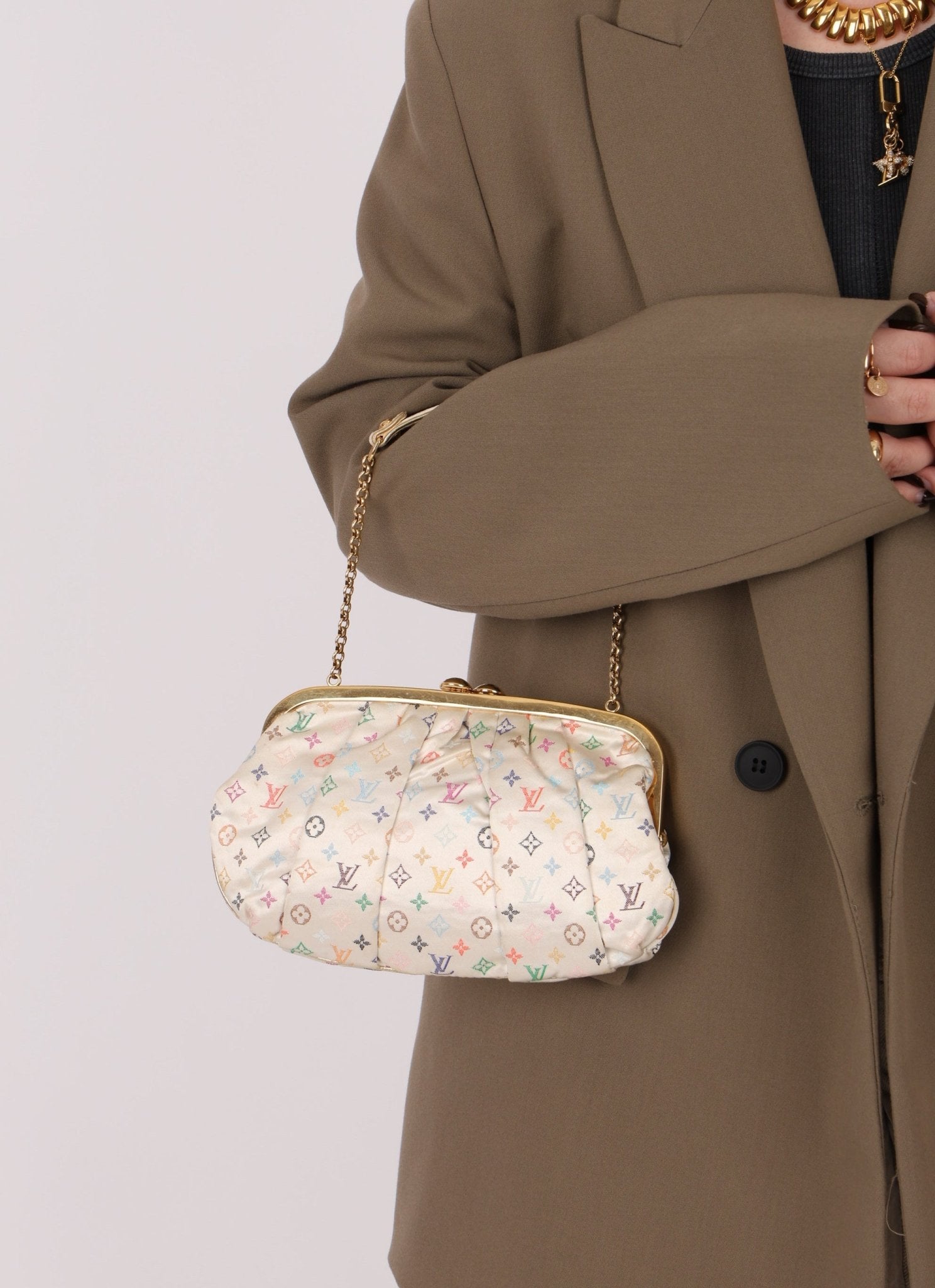 Ultra - Rare Louis Vuitton x Takashi Murakami Multicolor Monogram Satin Aumoniere Clutch on Chain - FashioNica