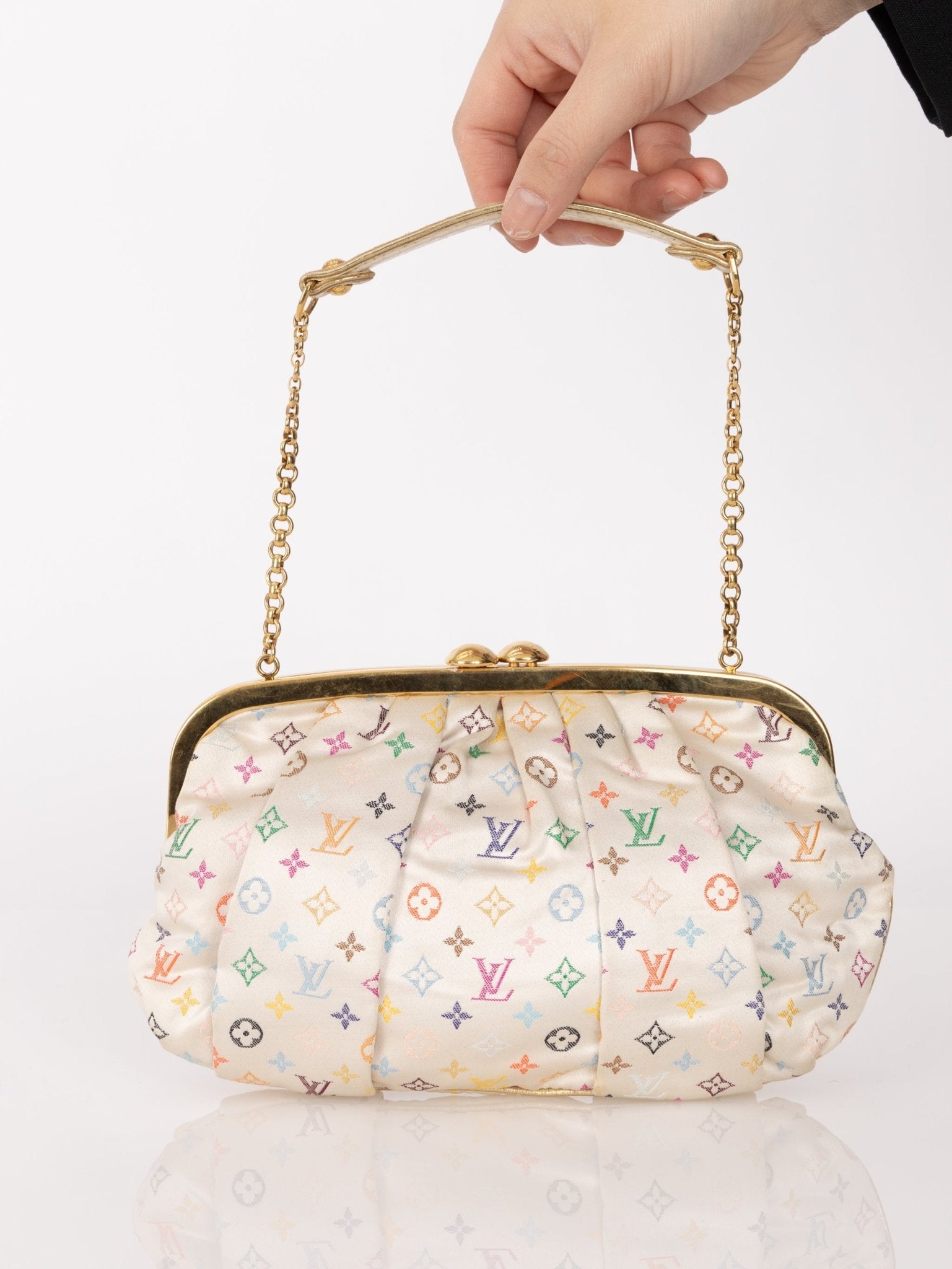 Ultra - Rare Louis Vuitton x Takashi Murakami Multicolor Monogram Satin Aumoniere Clutch on Chain - FashioNica