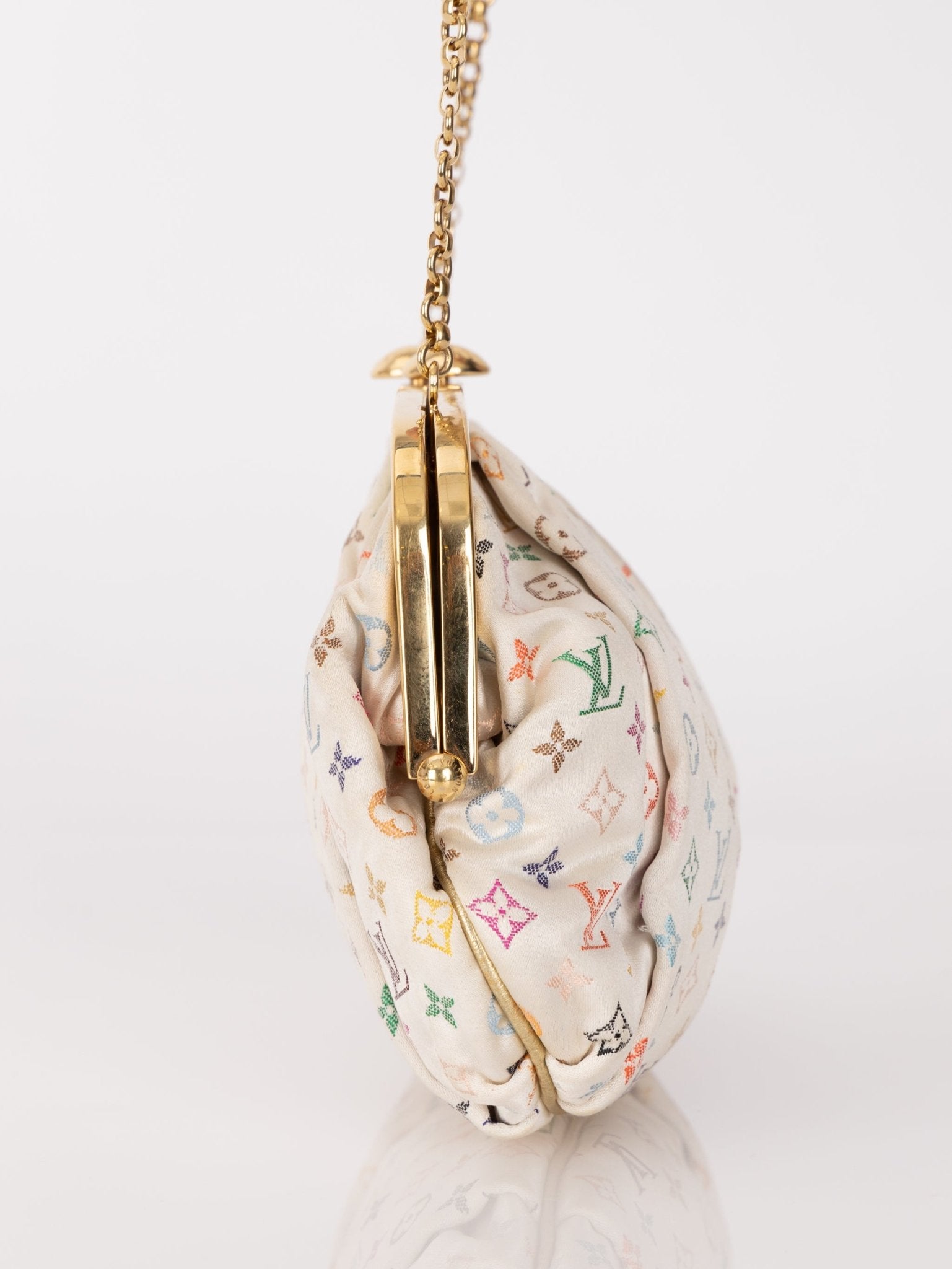 Ultra - Rare Louis Vuitton x Takashi Murakami Multicolor Monogram Satin Aumoniere Clutch on Chain - FashioNica