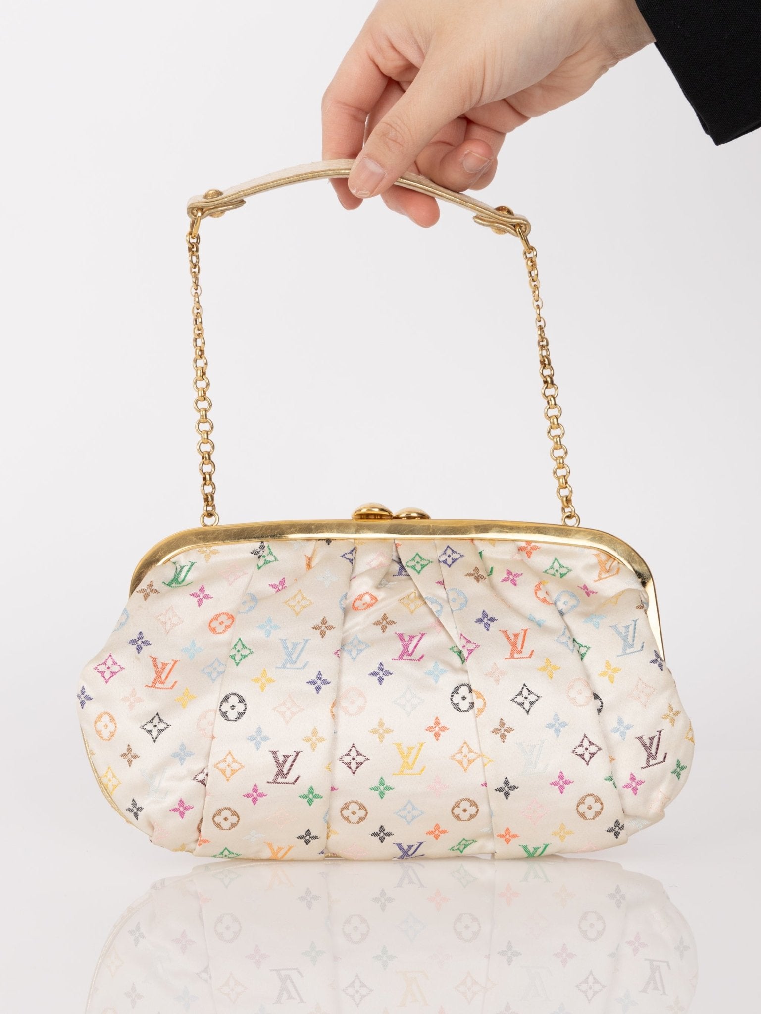 Ultra - Rare Louis Vuitton x Takashi Murakami Multicolor Monogram Satin Aumoniere Clutch on Chain - FashioNica