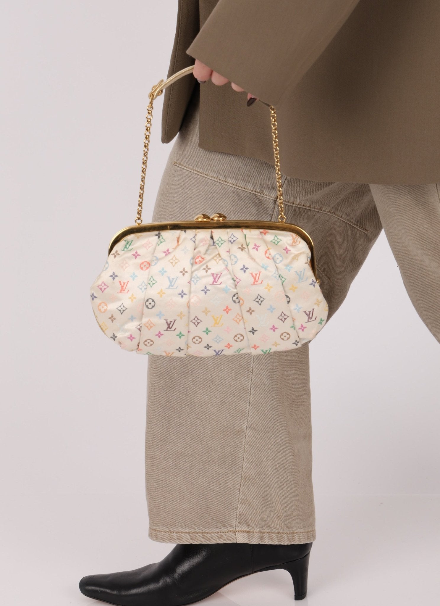 Ultra - Rare Louis Vuitton x Takashi Murakami Multicolor Monogram Satin Aumoniere Clutch on Chain - FashioNica