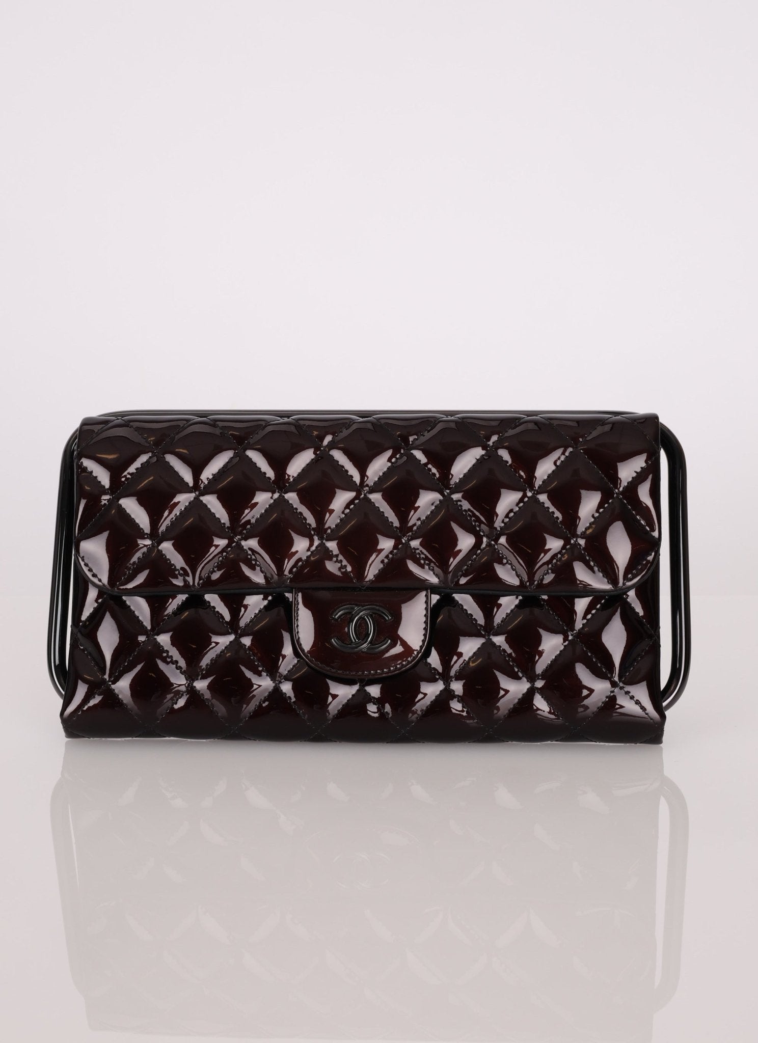 Ultra - Rare Runway Chanel 2014 Chocolate Patent Metal Handle Clutch - FashioNica