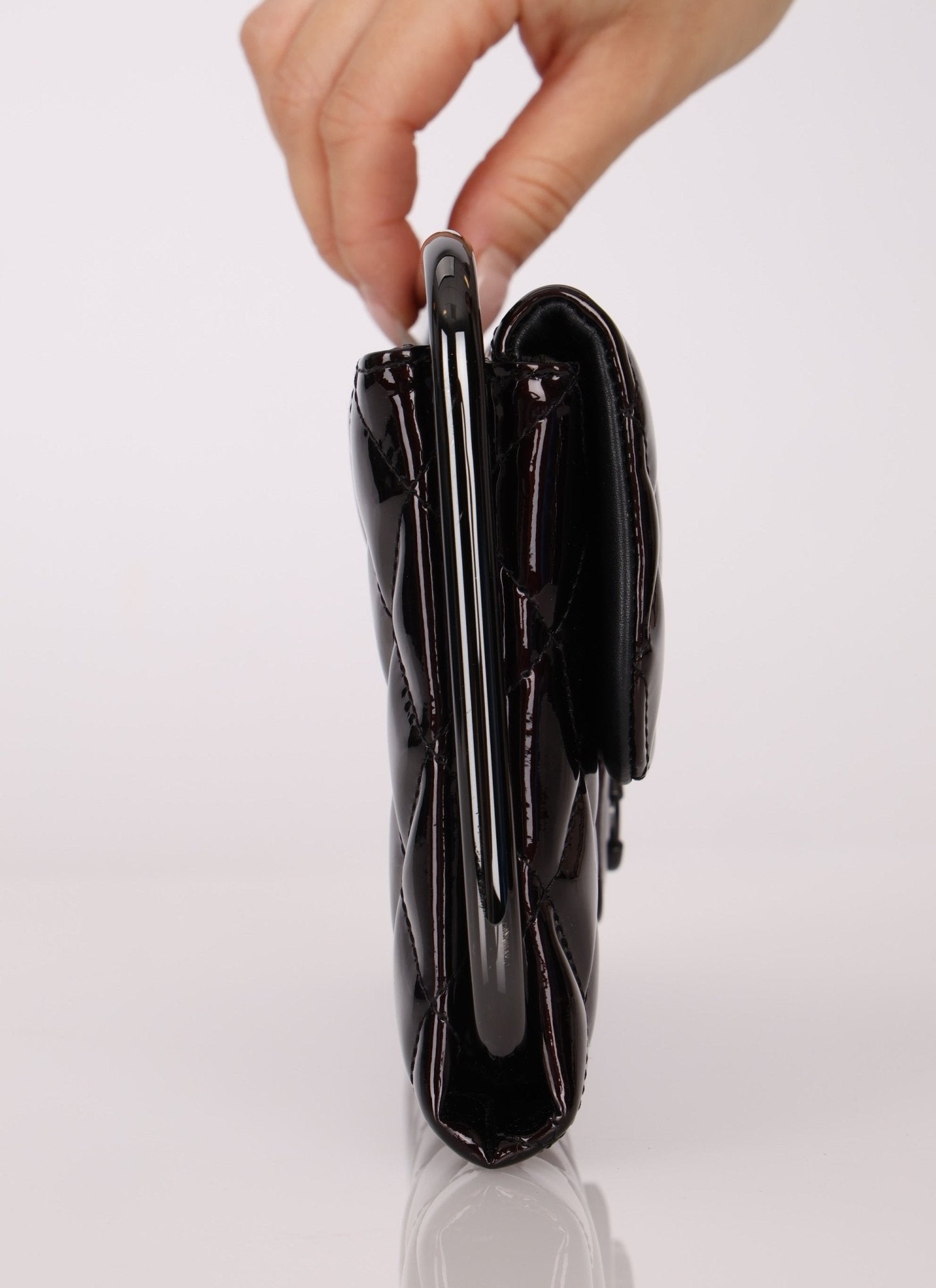 Ultra - Rare Runway Chanel 2014 Chocolate Patent Metal Handle Clutch - FashioNica