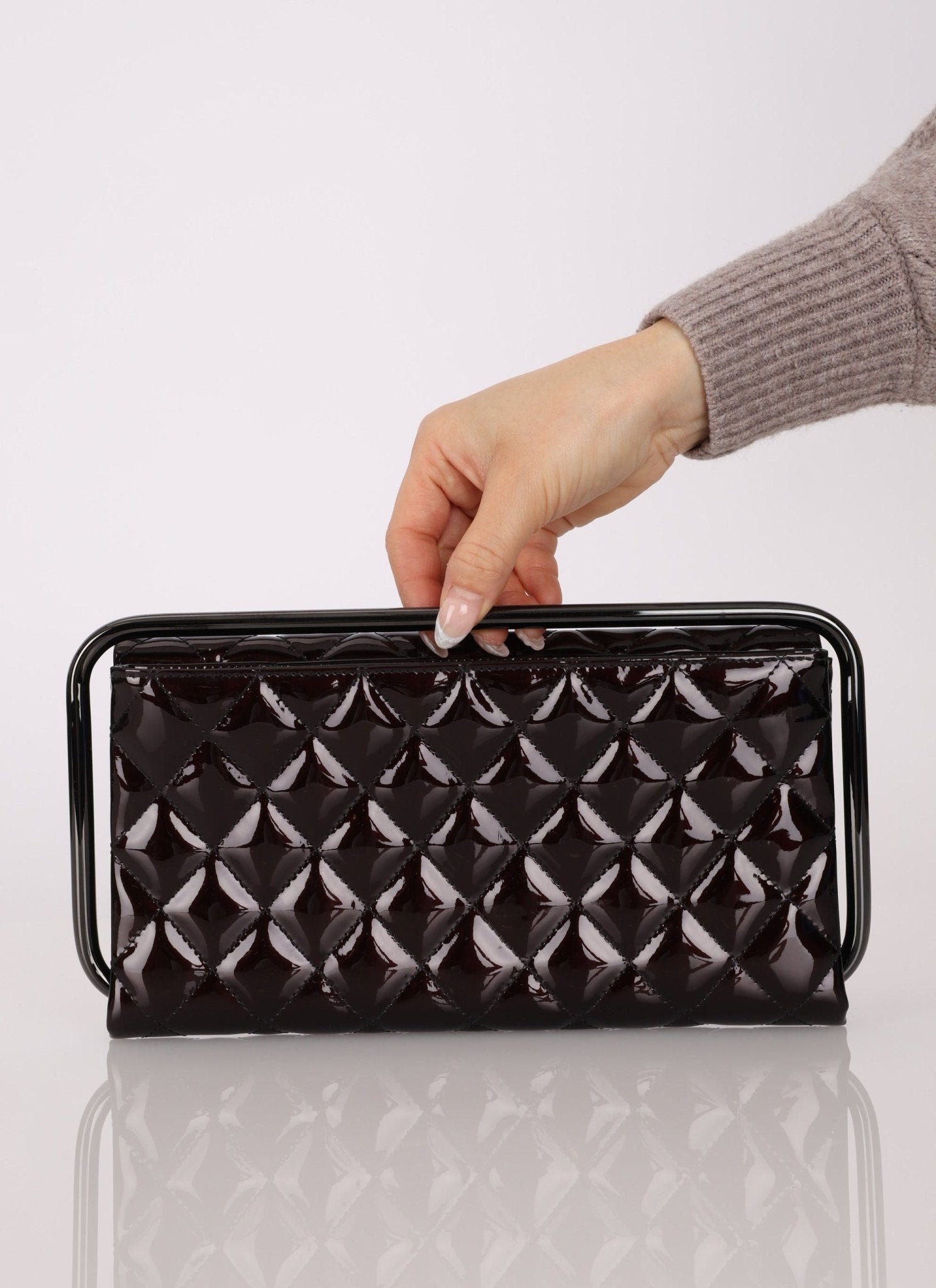 Ultra - Rare Runway Chanel 2014 Chocolate Patent Metal Handle Clutch - FashioNica