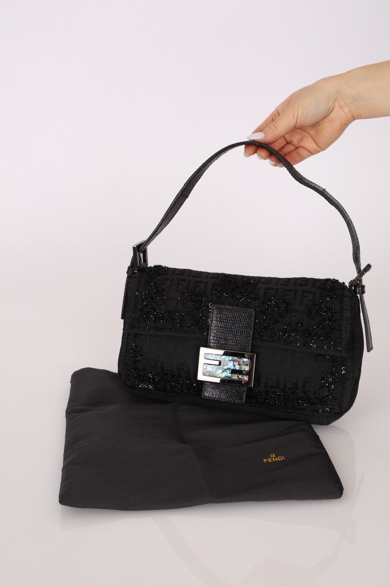 Ultra - Rare Vintage Fendi Lizard - Trimmed Beaded Zucchino Mother of Pearl Baguette - FashioNica