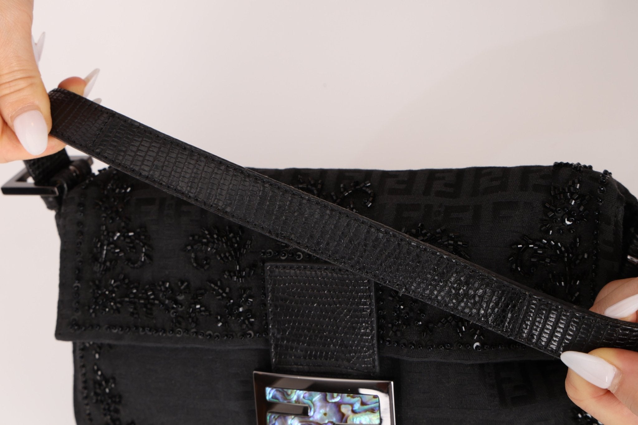 Ultra - Rare Vintage Fendi Lizard - Trimmed Beaded Zucchino Mother of Pearl Baguette - FashioNica