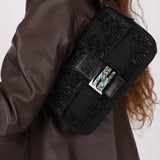 Ultra - Rare Vintage Fendi Lizard - Trimmed Beaded Zucchino Mother of Pearl Baguette - FashioNica