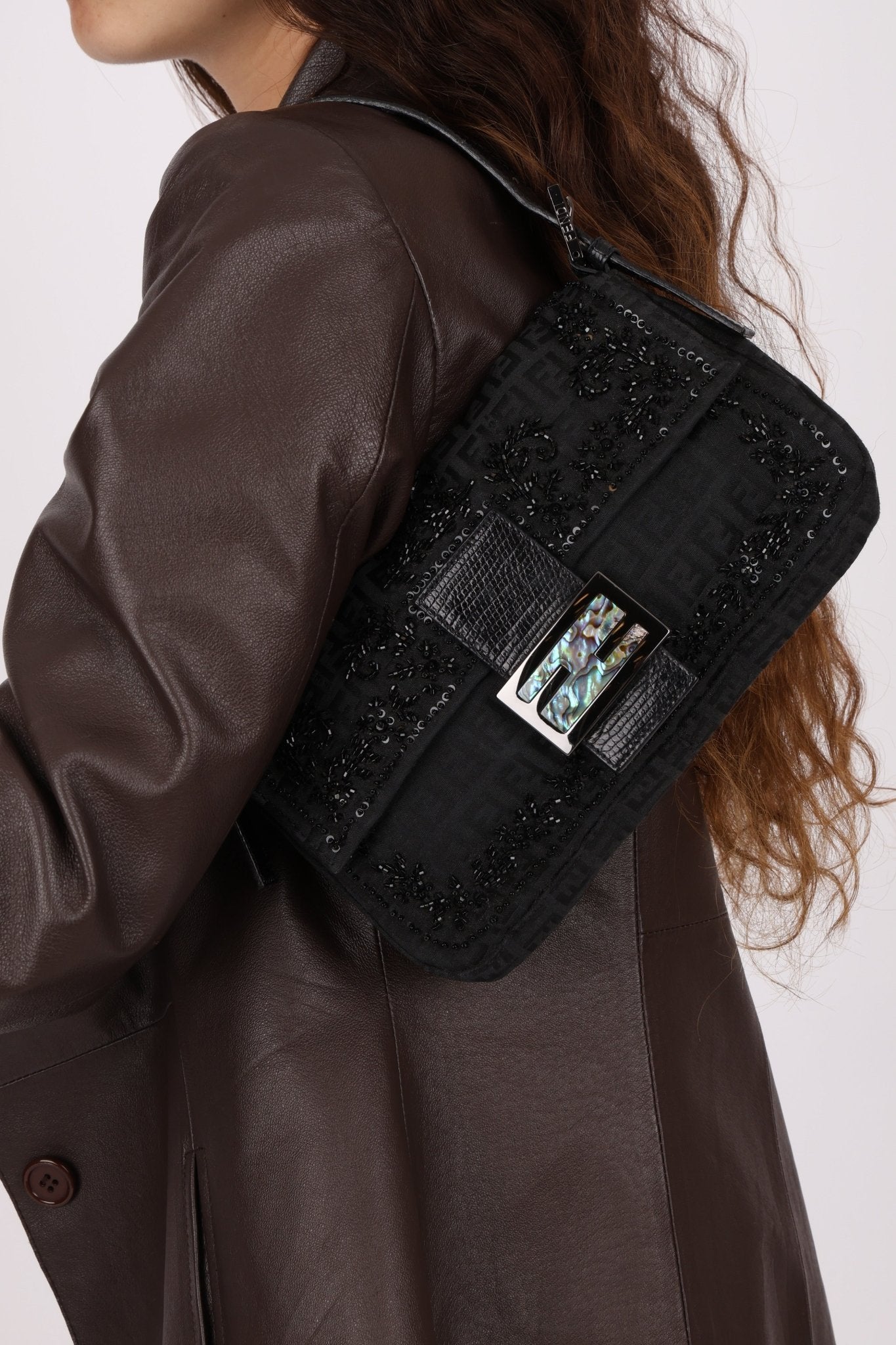 Ultra - Rare Vintage Fendi Lizard - Trimmed Beaded Zucchino Mother of Pearl Baguette - FashioNica