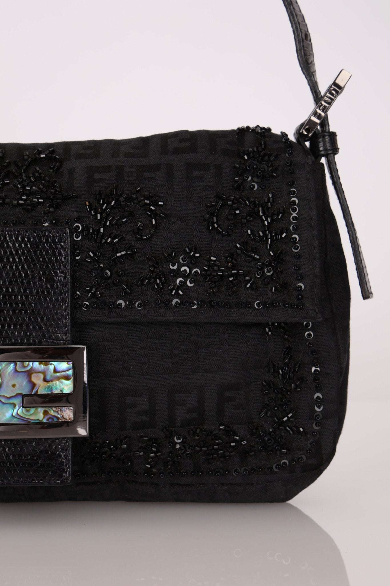 Ultra - Rare Vintage Fendi Lizard - Trimmed Beaded Zucchino Mother of Pearl Baguette - FashioNica