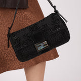 Ultra - Rare Vintage Fendi Lizard - Trimmed Beaded Zucchino Mother of Pearl Baguette - FashioNica