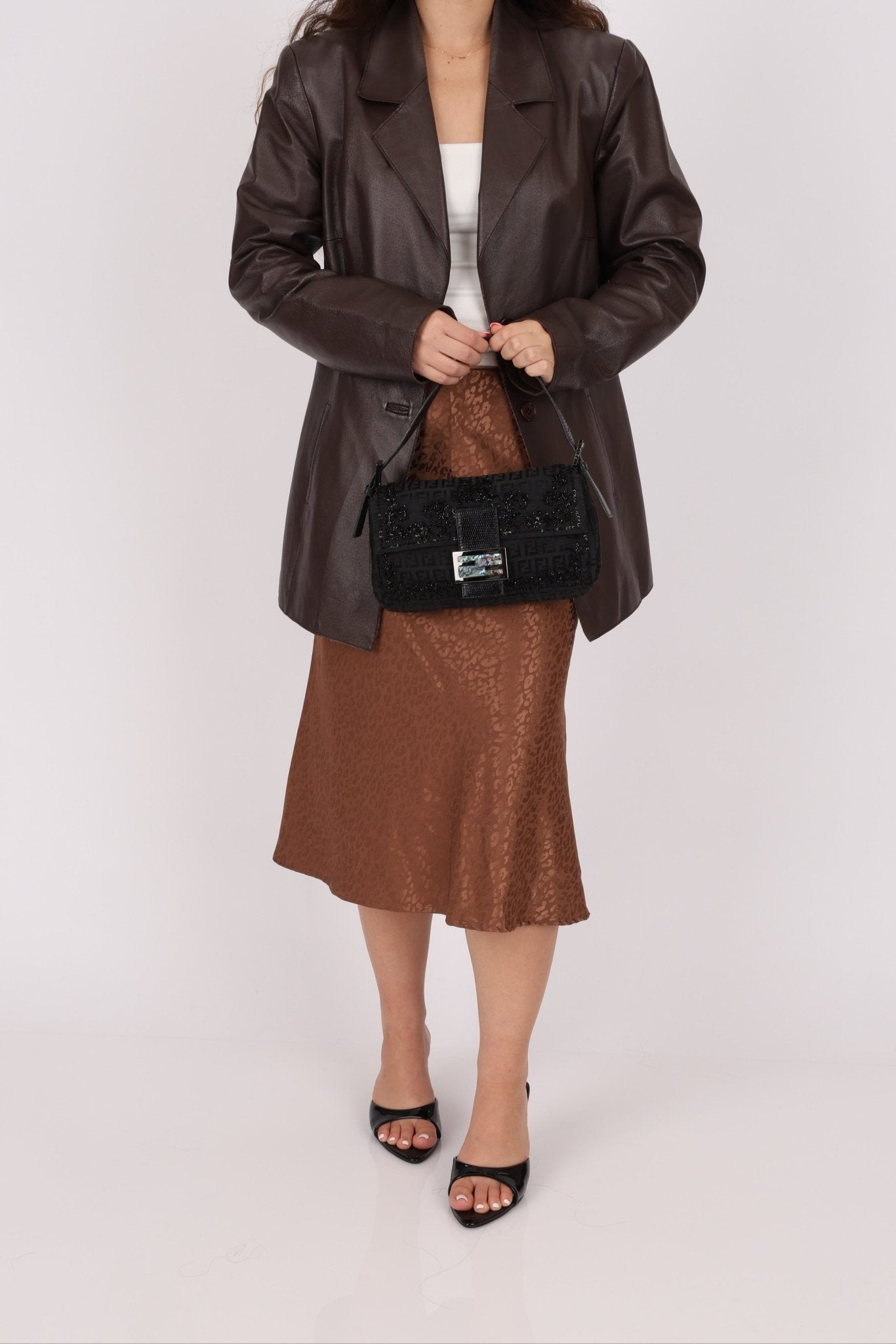 Ultra - Rare Vintage Fendi Lizard - Trimmed Beaded Zucchino Mother of Pearl Baguette - FashioNica