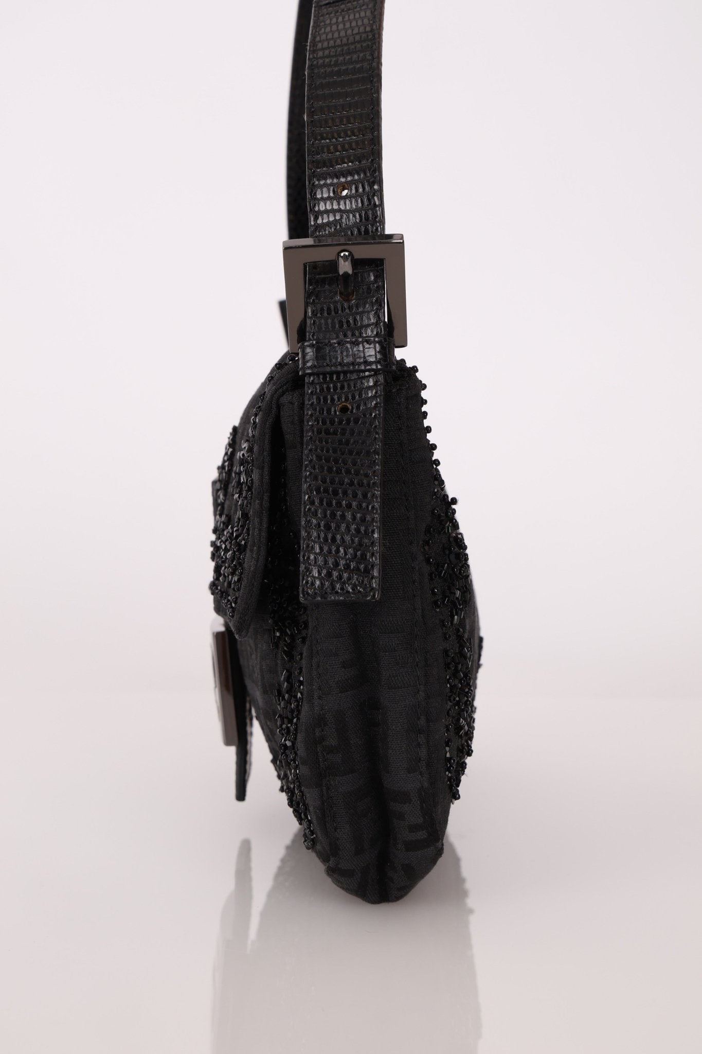 Ultra - Rare Vintage Fendi Lizard - Trimmed Beaded Zucchino Mother of Pearl Baguette - FashioNica