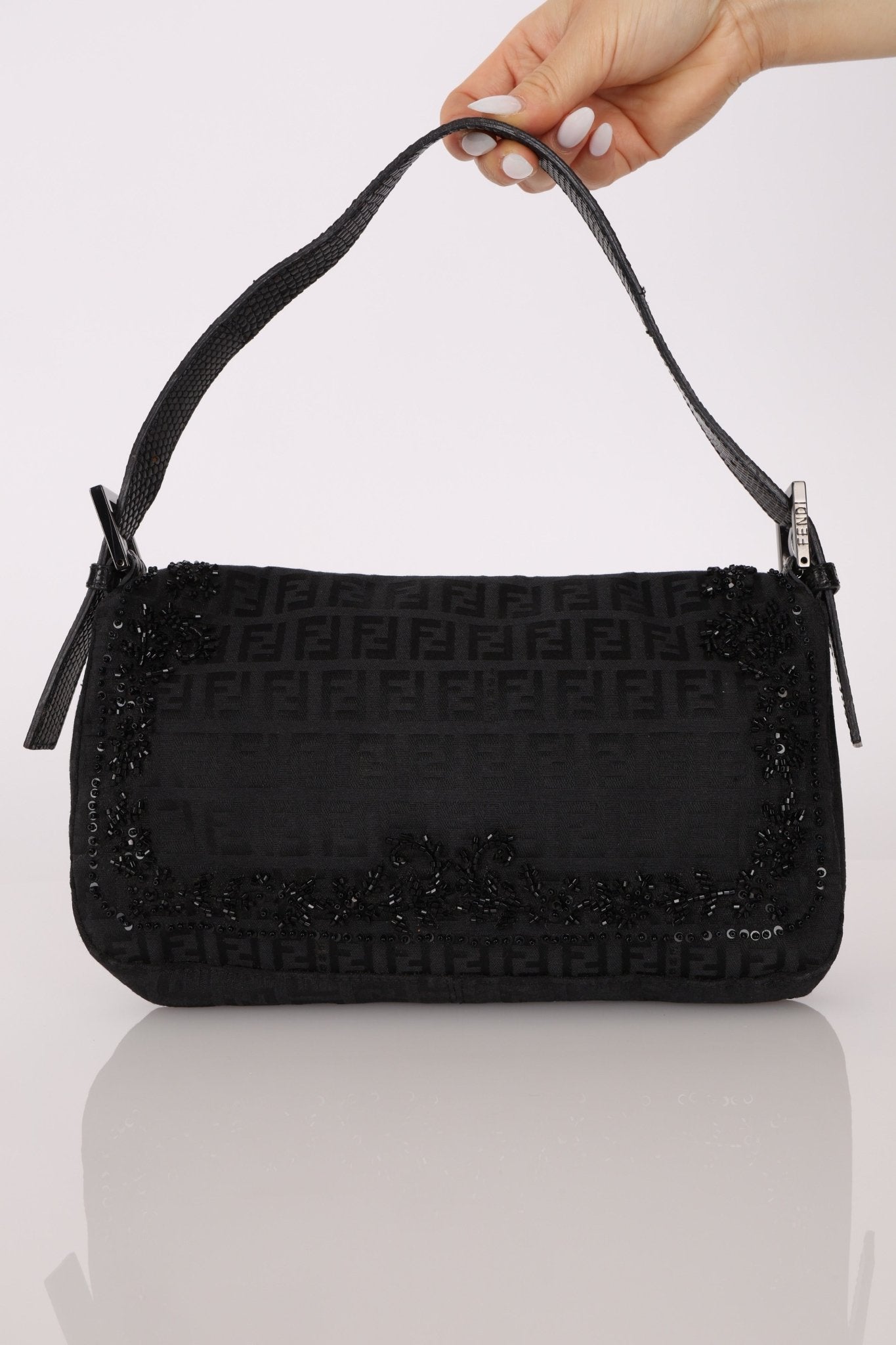 Ultra - Rare Vintage Fendi Lizard - Trimmed Beaded Zucchino Mother of Pearl Baguette - FashioNica