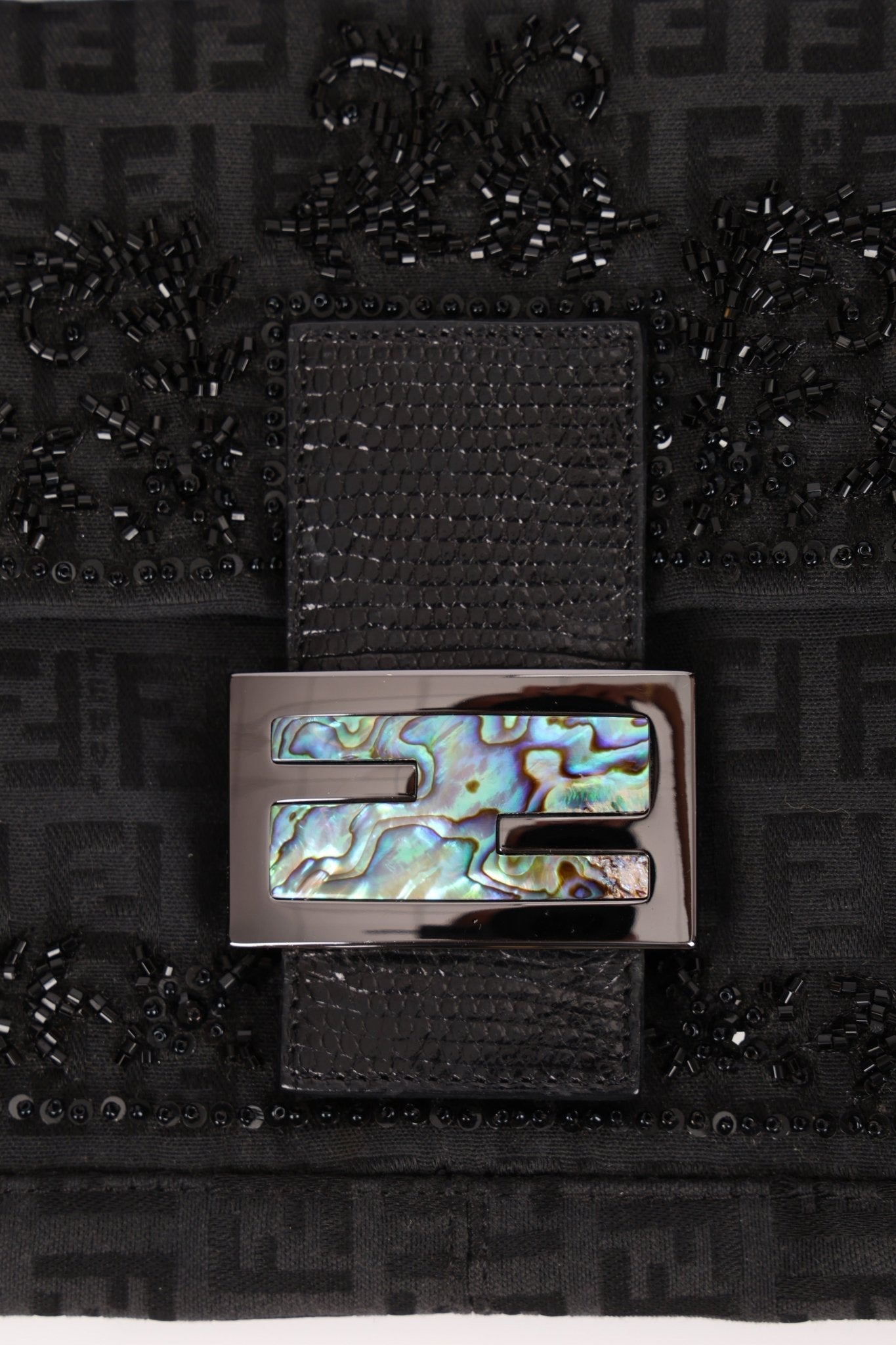 Ultra - Rare Vintage Fendi Lizard - Trimmed Beaded Zucchino Mother of Pearl Baguette - FashioNica