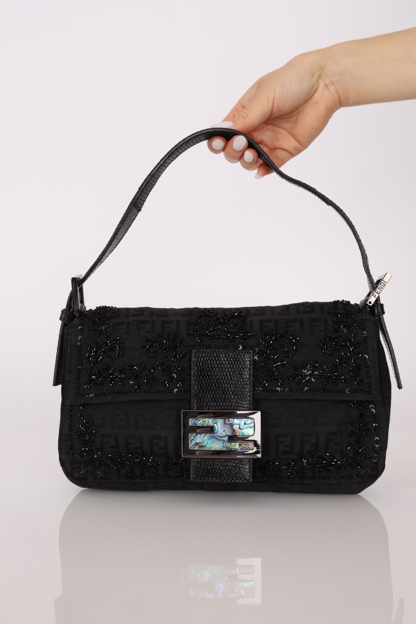 Ultra - Rare Vintage Fendi Lizard - Trimmed Beaded Zucchino Mother of Pearl Baguette - FashioNica