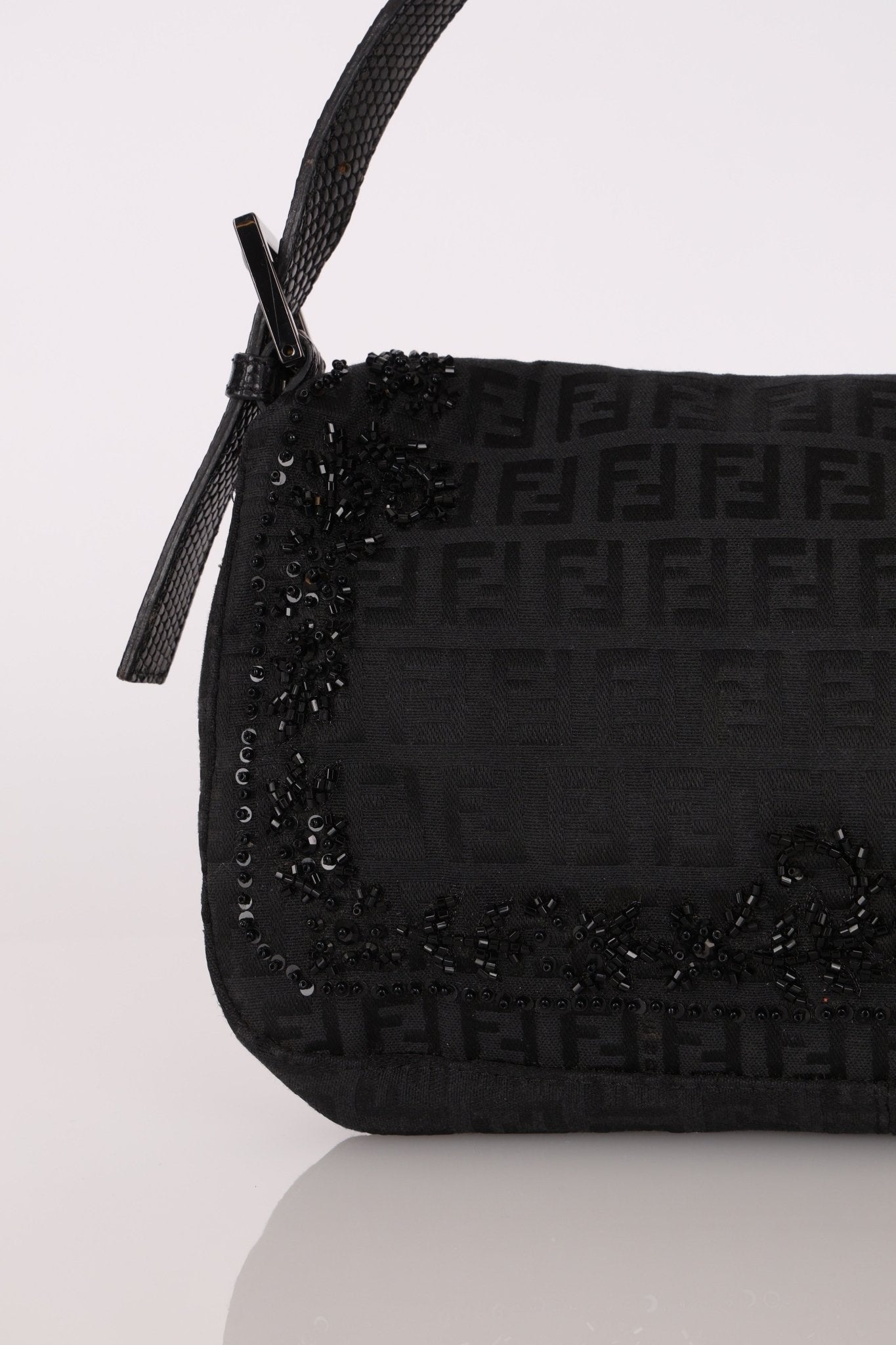 Ultra - Rare Vintage Fendi Lizard - Trimmed Beaded Zucchino Mother of Pearl Baguette - FashioNica