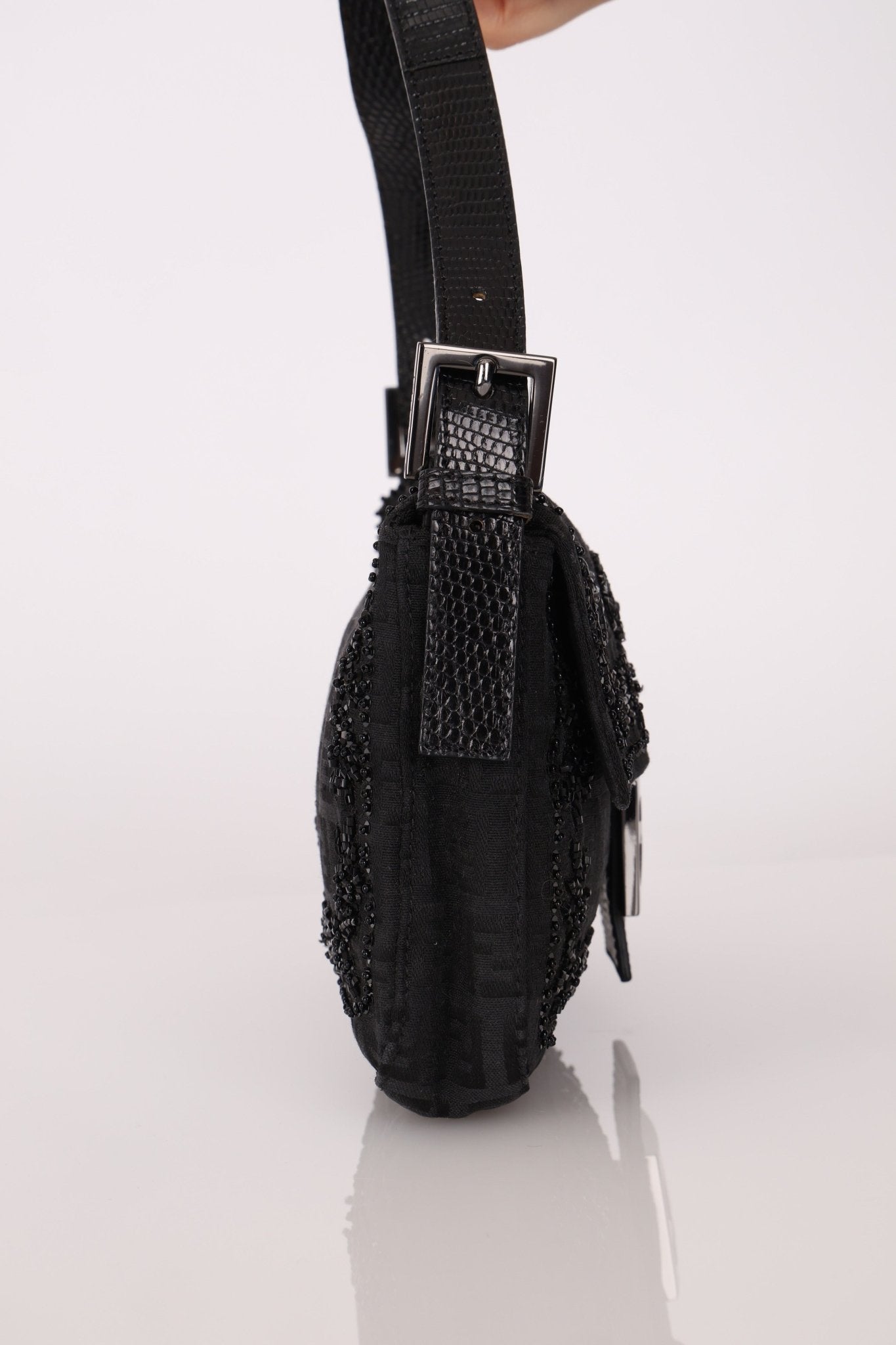 Ultra - Rare Vintage Fendi Lizard - Trimmed Beaded Zucchino Mother of Pearl Baguette - FashioNica