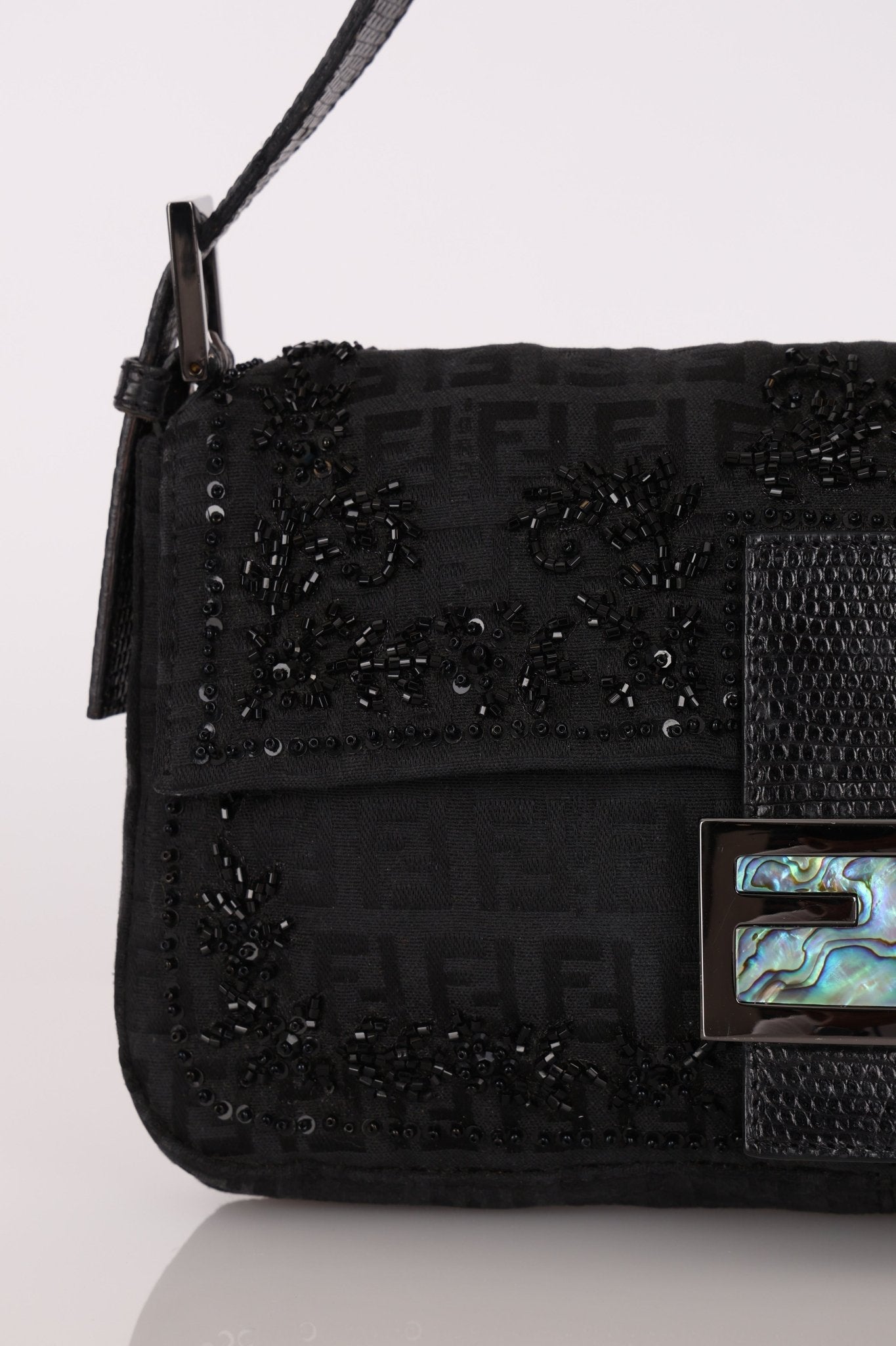Ultra - Rare Vintage Fendi Lizard - Trimmed Beaded Zucchino Mother of Pearl Baguette - FashioNica