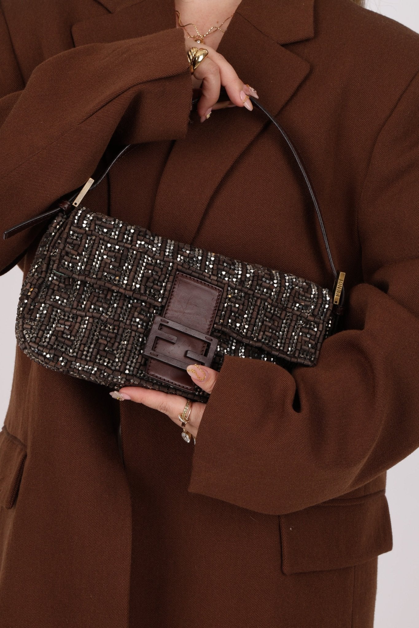 Ultra - Rare Vintage Fendi Zucca Beaded & Wood Baguette - FashioNica