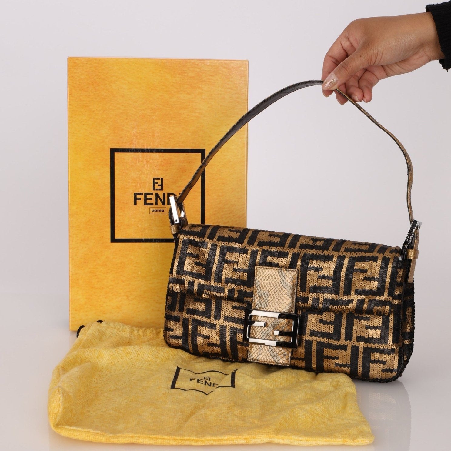 Ultra - Rare Vintage Fendi Zucca Sequin Snakeskin Baguette - FashioNica