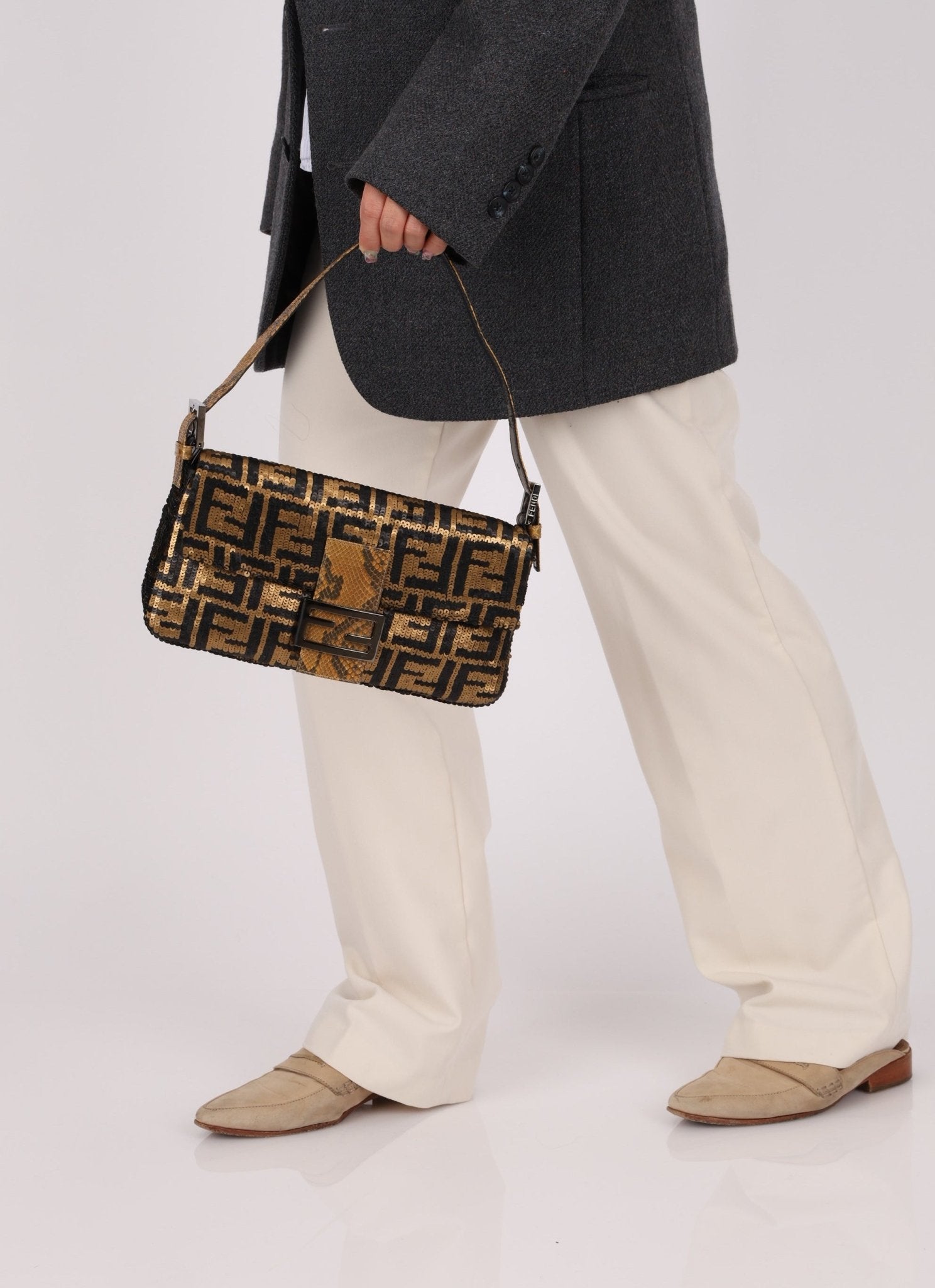 Ultra - Rare Vintage Fendi Zucca Sequin Snakeskin Baguette - FashioNica