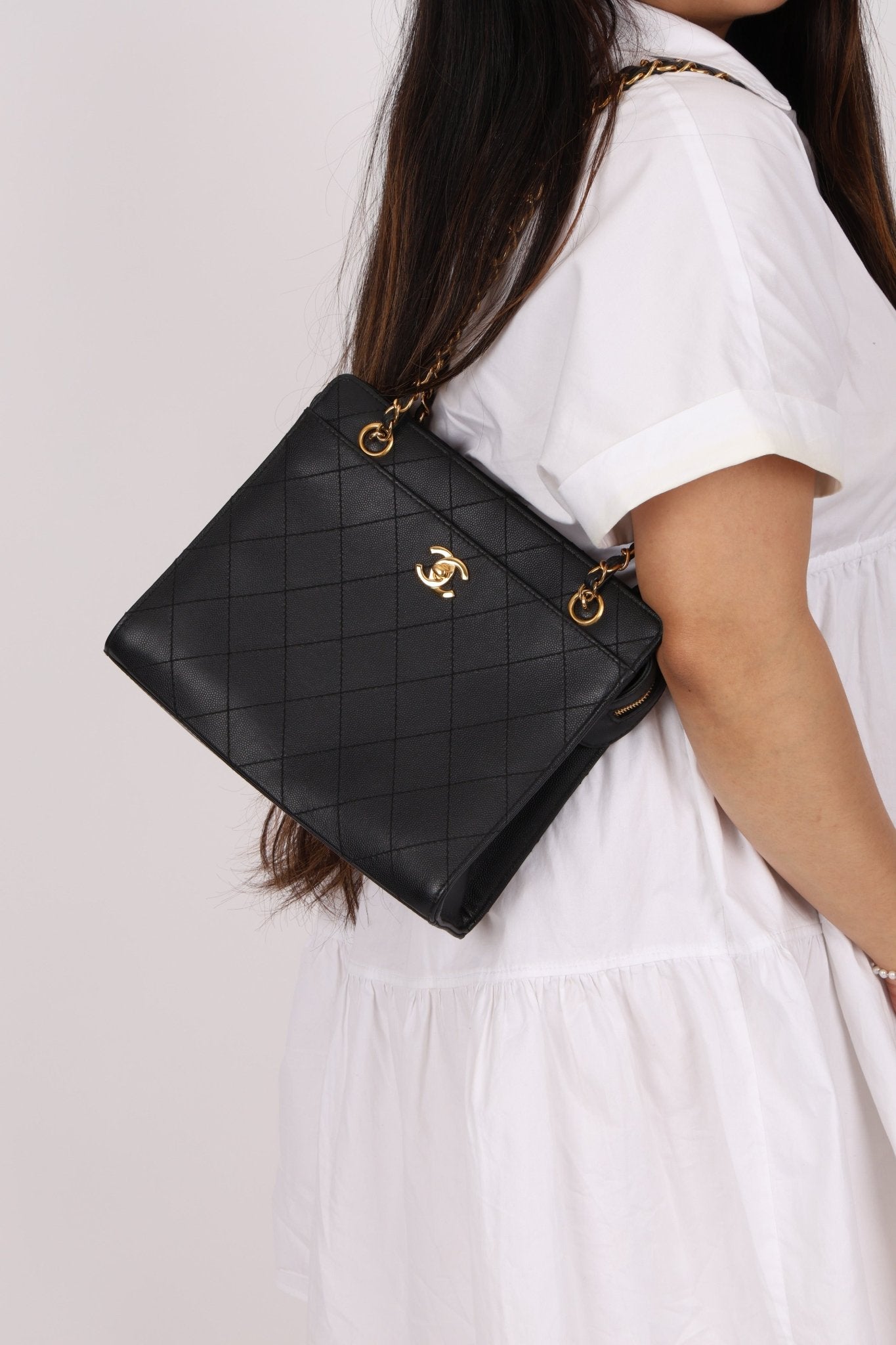 Vintage Chanel 1997 24K GP Caviar Chain Zip Mini Tote - FashioNica