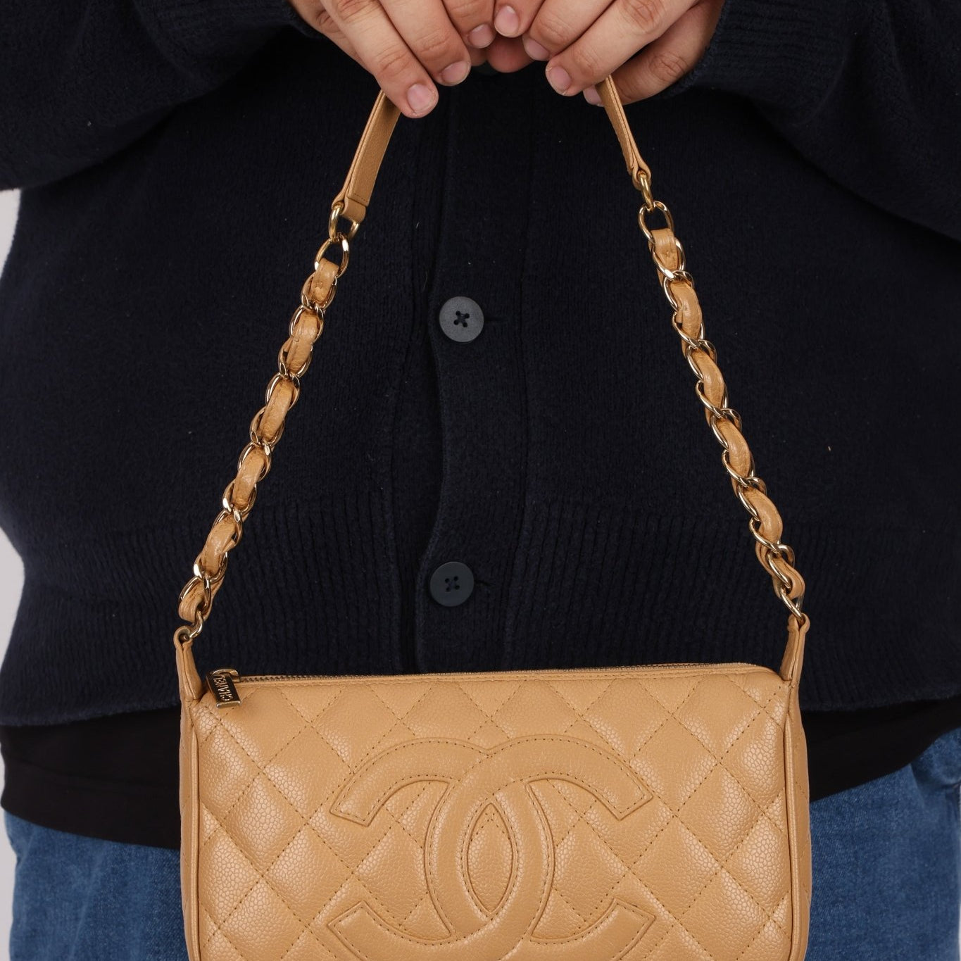 Vintage Chanel 2009 Caviar Timeless Beige Pochette - FashioNica