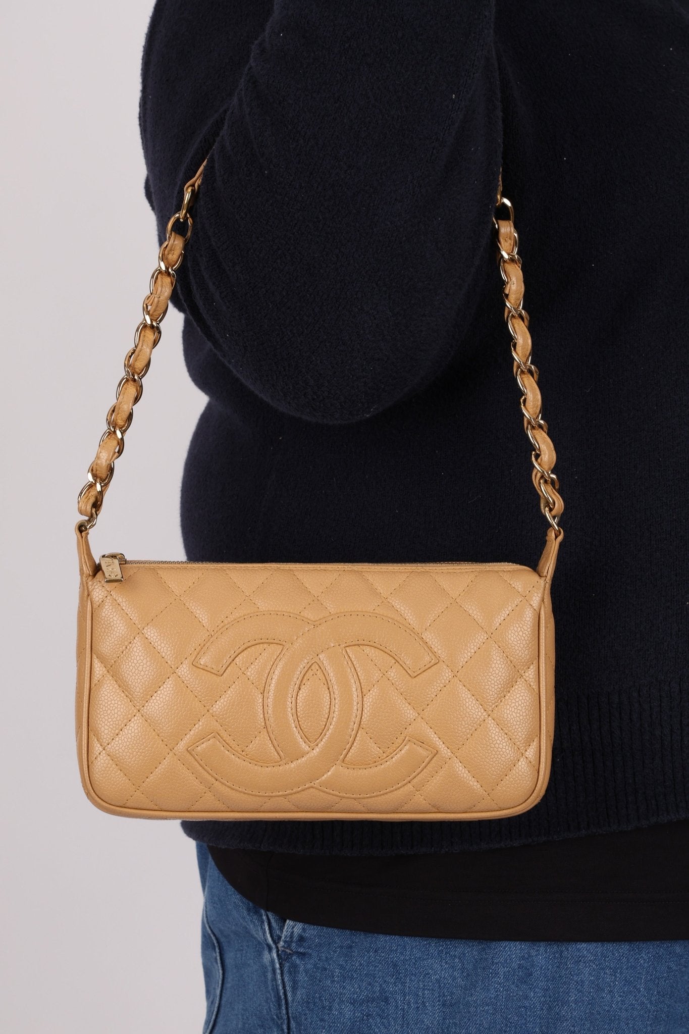 Vintage Chanel 2009 Caviar Timeless Beige Pochette - FashioNica