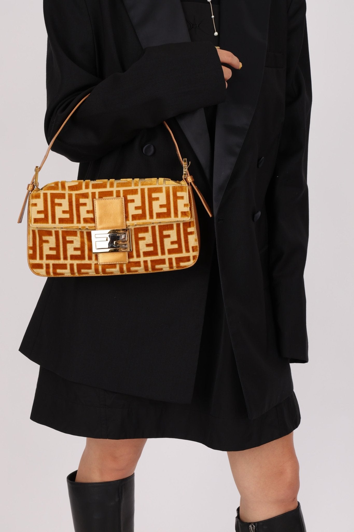 Vintage Fendi Mustard Velvet Zucca Baguette - FashioNica